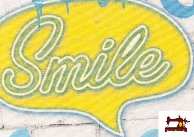 Venta online de Tela Estampada con Graffitis en un Muro con Motivos de Felicidad