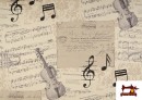 Tela de Decoración con Motivos de  Música Clásica Notas Musicales Violines y Trompetas color Beige