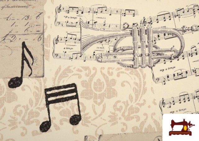 Venta online de Tela de Decoración con Motivos de  Música Clásica Notas Musicales Violines y Trompetas color Beige
