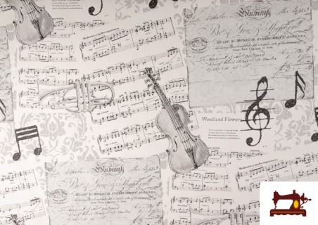 Tela de Decoración con Motivos de  Música Clásica Notas Musicales Violines y Trompetas color Blanco