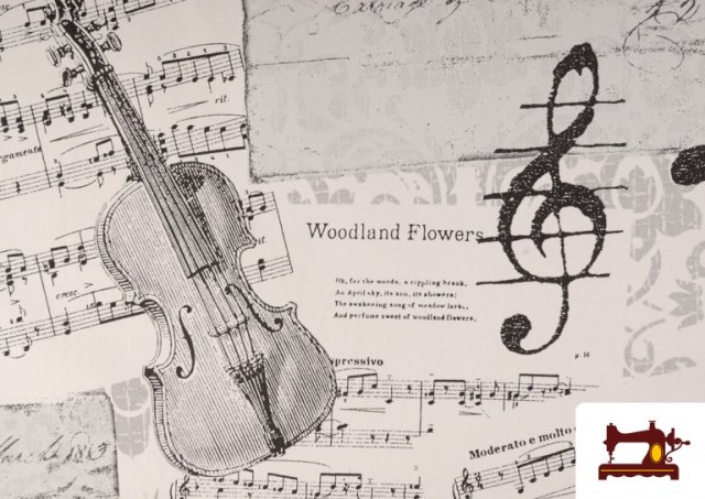 Comprar online Tela de Decoración con Motivos de  Música Clásica Notas Musicales Violines y Trompetas color Blanco