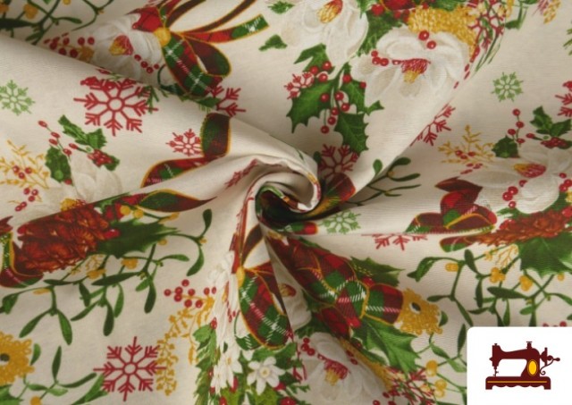 Tela de Loneta Navideña estampado Ramillete de la Suerte Ancho 140cm