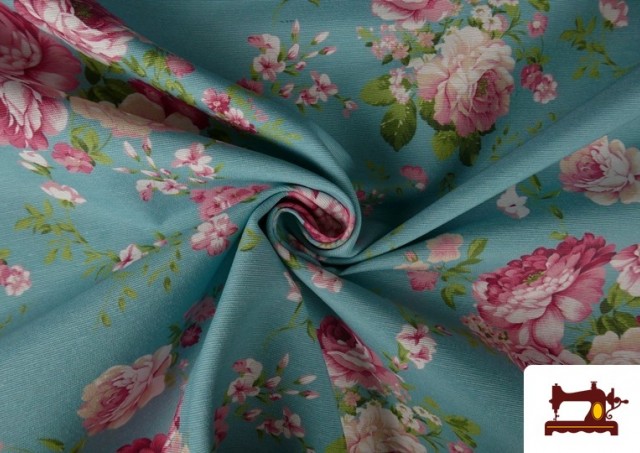 Venta online de Tela de Loneta Estampado Flores Románticas de Colores Dibujo Grande color Azul
