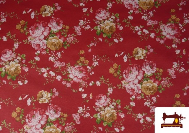 Tela de Loneta Estampado Flores Románticas de Colores Dibujo Grande color Rojo