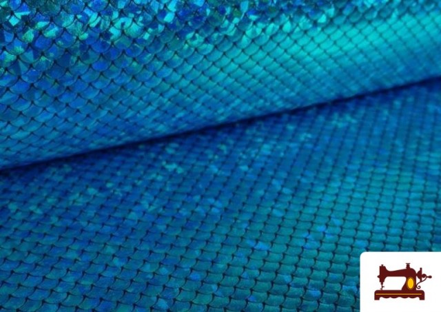 Comprar online Tela de Lycra Imitación Escamas de Pez y de Sirena Holográficas color Azul turquesa