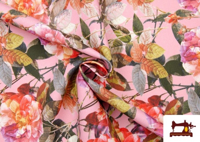 Tela de Algodón Estampado con Flores Grandes Multicolor color Rosa matices