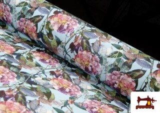 Comprar Tela de Algodón Estampado con Flores Grandes Multicolor color Azul turquesa