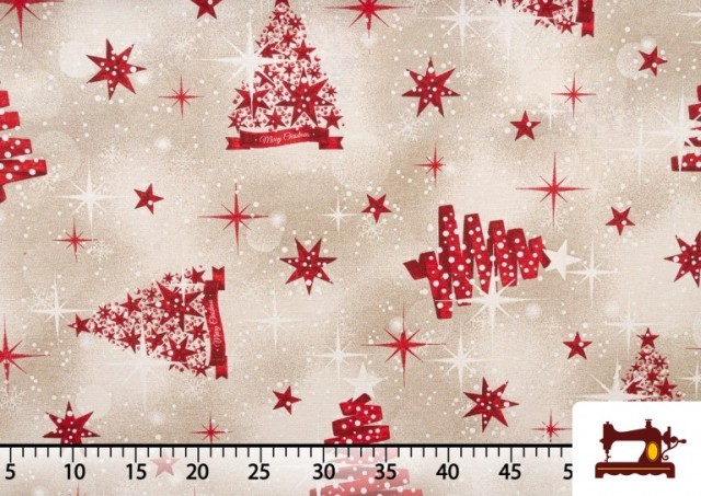 Comprar Tela de Loneta Estampada con Dibujo de Navidad con Árboles y Estrellas Ancho 140cm