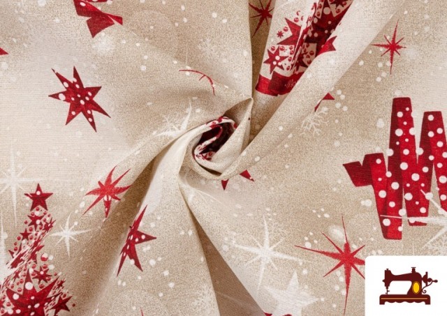 Venta online de Tela de Loneta Estampada con Dibujo de Navidad con Árboles y Estrellas Ancho 140cm