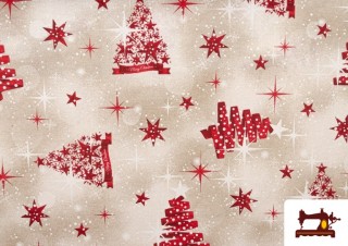 Tela de Loneta Estampada con Dibujo de Navidad con Árboles y Estrellas Ancho 140cm