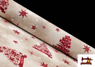 Tela de Loneta Estampada con Dibujo de Navidad con Árboles y Estrellas Ancho 140cm