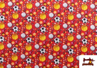 Tela de Algodón Estampado con Pelotas de Deportes de Colores