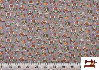 Tela de Algodón Calaveras Divertidas de Colores tipo Katrinas color Gris