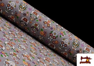 Venta online de Tela de Algodón Calaveras Divertidas de Colores tipo Katrinas color Gris