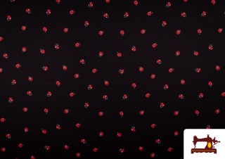 Venta de Tela de Crespón con estampado de Mariquitas color Negro Venta de Tela de Crespón con estampado de Mariquitas color Negro