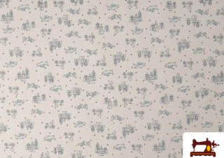 Tela de Algodón Orgánico Perros y Bicicletas color Azul