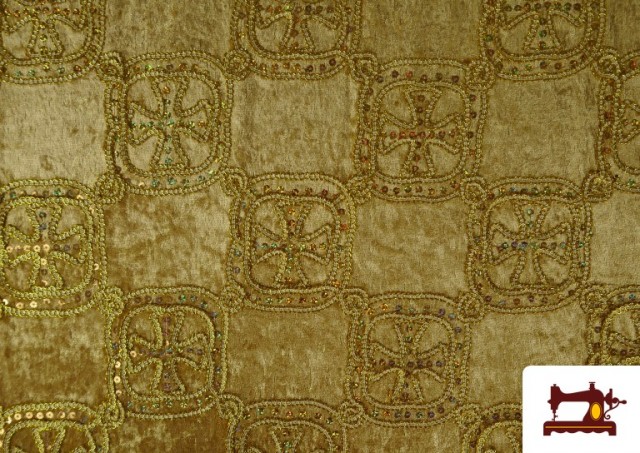 Tela de Terciopelo Martelé Bordado Medieval Cruces con Lentejuelas Holográficas color Dorado