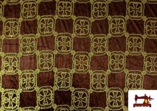 Comprar Tela de Terciopelo Martelé Bordado Medieval Cruces con Lentejuelas Holográficas color Marrón