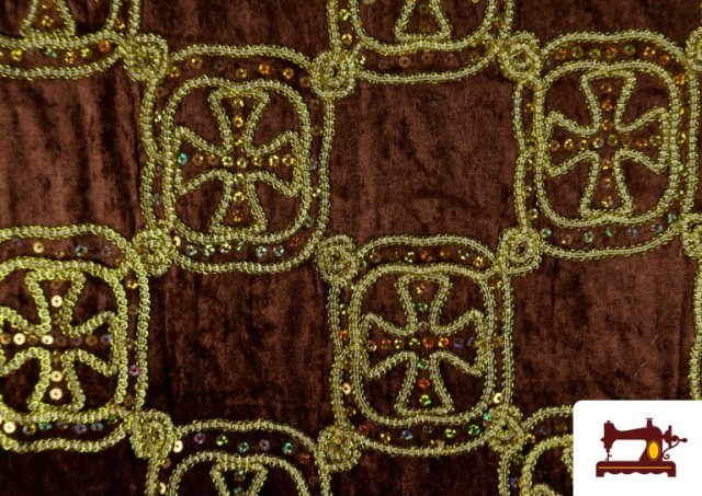 Comprar online Tela de Terciopelo Martelé Bordado Medieval Cruces con Lentejuelas Holográficas color Marrón