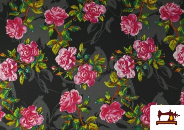 Roux Minimizar Apariencia Tela Negra para Vestido de Flamenca con Flores Rosas