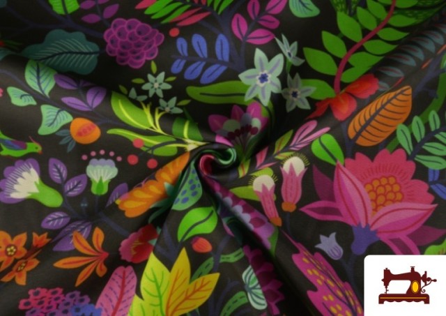 Comprar online Tela de Lona Half Panama de Flores Multicolor color Negro