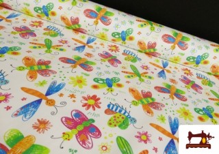 Tela de Pique de Algodón Estampado Mariposas Multicolor
