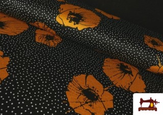 Tela de Punto Roma Flores y Topitos color Mostaza