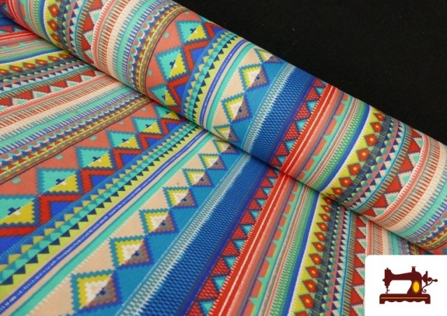 Venta online de Tela Estampada de Algodón de Rayas Étnicas Multicolor color Azul