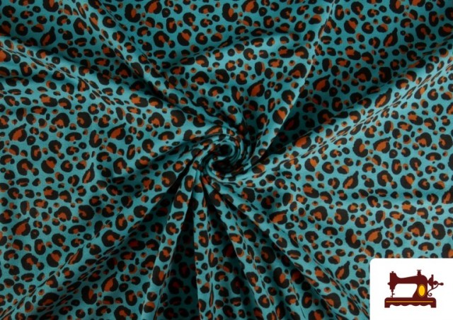 Tela de Punto de Camiseta Leopardo Multicolor color Azul turquesa