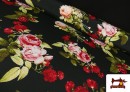 Tela de Flamenca con Flores Rosas color Negro