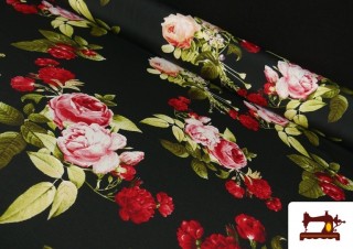 Tela de Flamenca con Flores Rosas color Negro