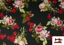 Venta de Tela de Flamenca con Flores Rosas color Negro