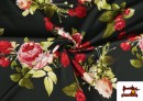 Venta online de Tela de Flamenca con Flores Rosas color Negro