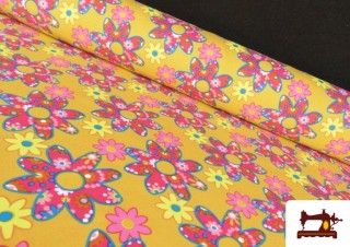 Tela Stretch estampado Floral Rosa y Mostaza