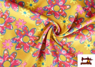 Venta online de Tela Stretch estampado Floral Rosa y Mostaza