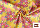 Venta online de Tela Stretch estampado Floral Rosa y Mostaza - Pieza de 25 Metros
