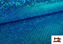 Comprar online Tela de Lycra Imitación Escamas de Pez y de Sirena Holográficas - Pieza de 25 Metros color Azul turquesa