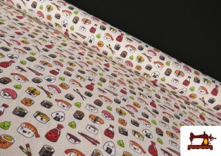 Tela de Algodón Estampado Japonés Sushi