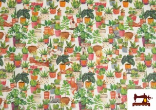 Tela de Algodón Estampado Plantas y Macetas con Animales