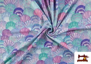 Venta online de Tela de Licra de Bañador Estampado Conchas Sirenita Venta online de Tela de Licra de Bañador Estampado Conchas Sirenita