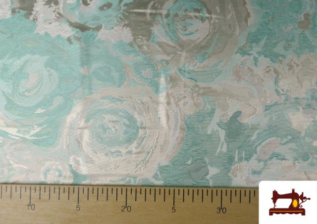 Comprar online Tela de Jacquard para Tapicería y Decoración Rosas Plata color Verde mint