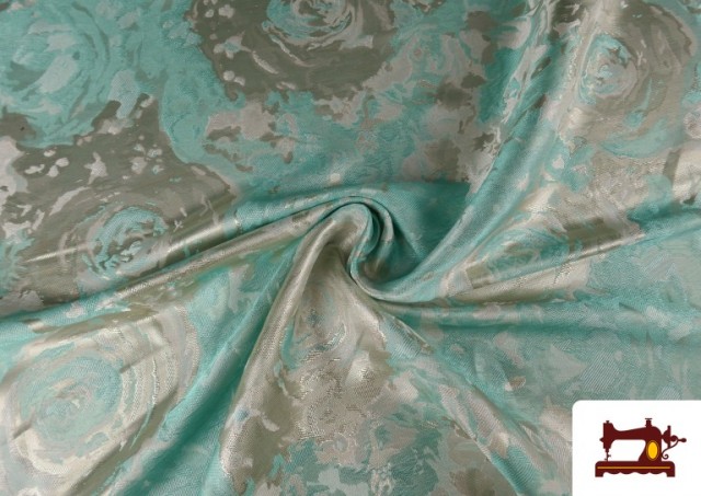 Venta online de Tela de Jacquard para Tapicería y Decoración Rosas Plata color Verde mint