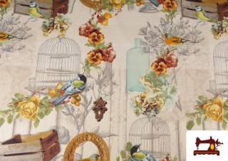 Tela de Loneta Pájaros, Jaulas y Flores Tela de Loneta Pájaros, Jaulas y Flores