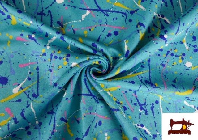 Comprar online Tela de Sudadera French Terry Estampado Manchas de Pintura de Colores color Azul