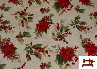 Tela de Loneta Navideña Flor de Navidad Hilo Metalizado Ancho 140