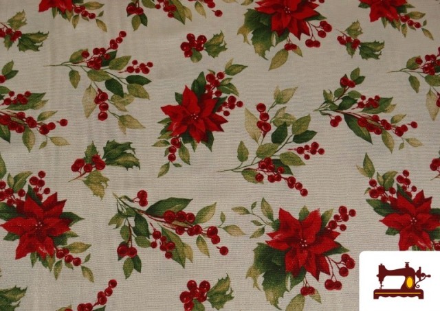 Tela de Loneta Navideña Flor de Navidad Hilo Metalizado Ancho 140