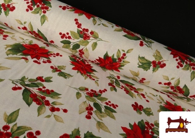 Comprar Tela de Loneta Navideña Flor de Navidad Hilo Metalizado Ancho 140