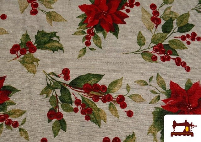 Venta de Tela de Loneta Navideña Flor de Navidad Hilo Metalizado Ancho 140