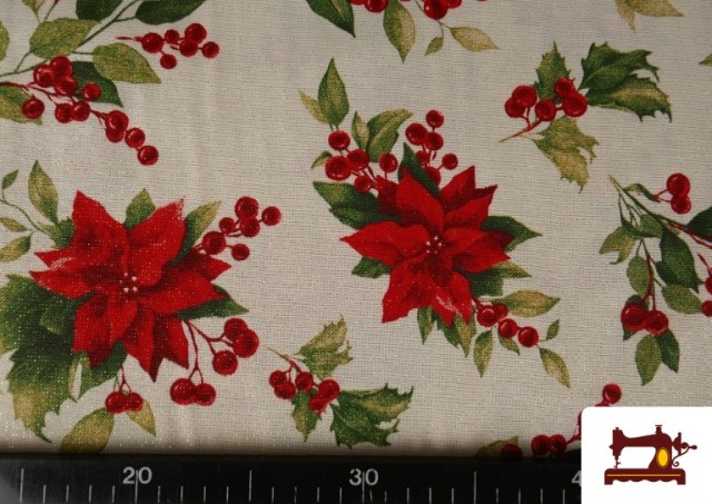 Tela de Loneta Navideña Flor de Navidad Hilo Metalizado Ancho 140