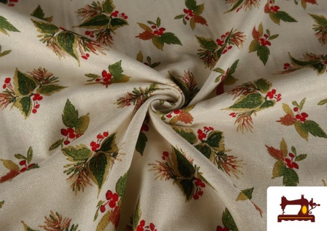 Comprar online Tela de Loneta Hojas Navideñas Hilo Metalizado Ancho 140